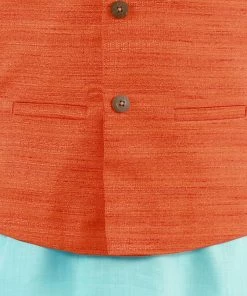 Vastramay Boys Orange, Aqua And White Jacket, Kurta And Pyjama Set