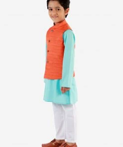 Vastramay Boys Orange, Aqua And White Jacket, Kurta And Pyjama Set