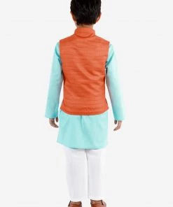 Vastramay Orange, Turquoise And White Baap Beta Nehru Jacket Kurta Pyjama Set