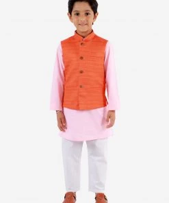 Vastramay Boys Orange, Pink And White Jacket, Kurta And Pyjama Set