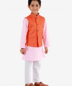 Vastramay Boys Orange, Pink And White Jacket, Kurta And Pyjama Set