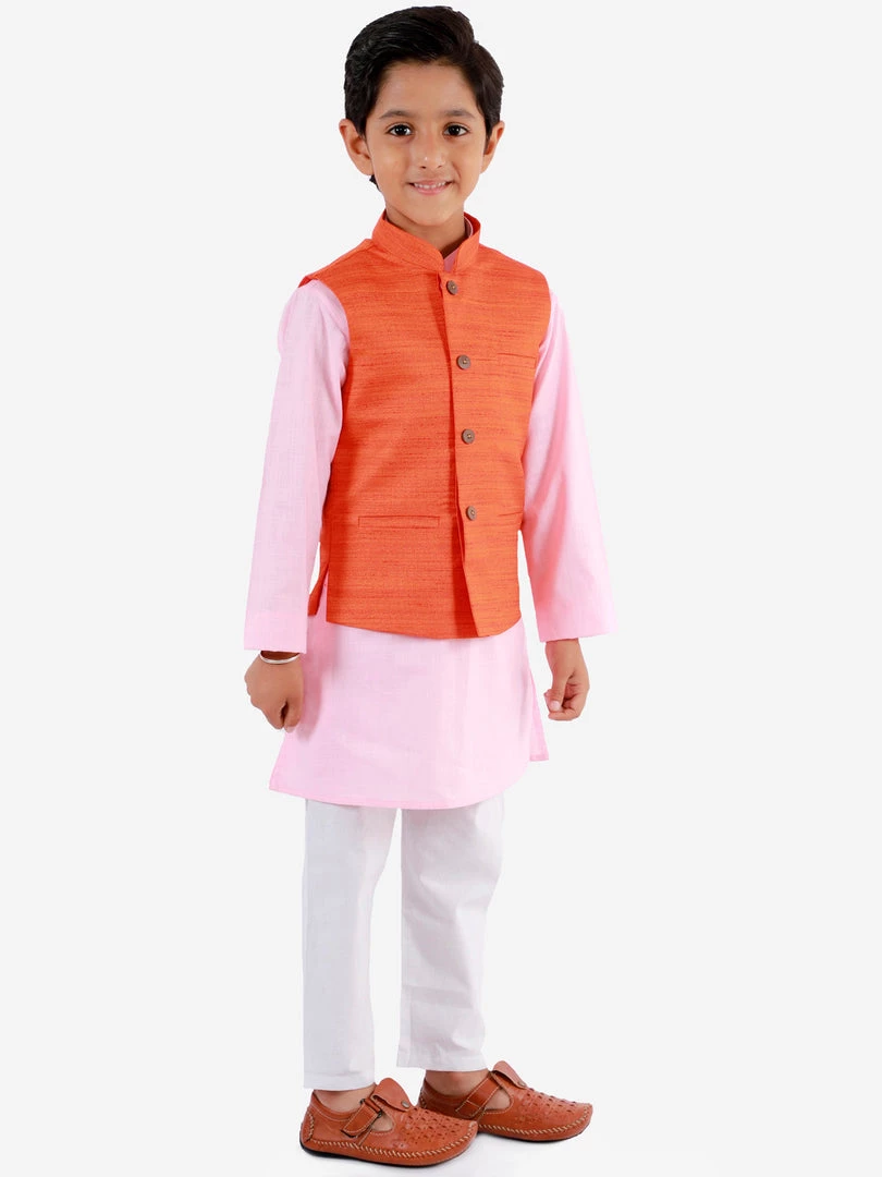 Vastramay Boys Orange, Pink And White Jacket, Kurta And Pyjama Set 4 Vastramay Boys Orange, Pink And White Jacket, Kurta And Pyjama Set