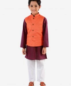 Vastramay Boys Orange, Purple And White Jacket, Kurta And Pyjama Set