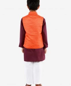 Vastramay Boys Orange, Purple And White Jacket, Kurta And Pyjama Set