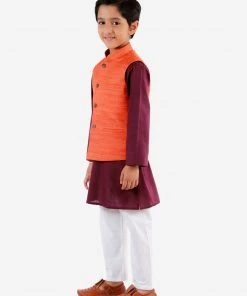 Vastramay Boys Orange, Purple And White Jacket, Kurta And Pyjama Set