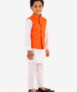 Vastramay Boys Orange And White Jacket, Kurta And Pyjama Set