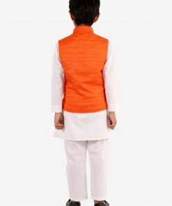 Vastramay Boys Orange And White Jacket, Kurta And Pyjama Set