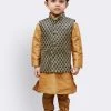 JBN Creation Boys' Gold Silk Cotton Blend Kurta, Waistcoat And Pyjama Set