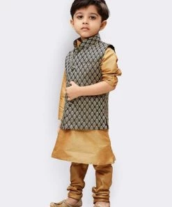 JBN Creation Boys' Gold Silk Cotton Blend Kurta, Waistcoat And Pyjama Set