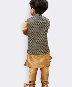 JBN Creation Boys' Gold Silk Cotton Blend Kurta, Waistcoat And Pyjama Set