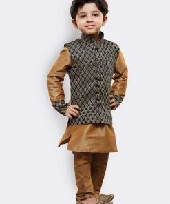 JBN Creation Buy 1 Get 1 Boys' Gold Cotton Silk Kurta, Waistcoat And Pyjama Set