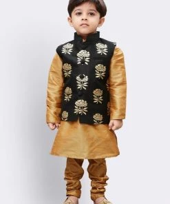 JBN Creation Boys' Gold Silk Cotton Blend Kurta, Waistcoat And Pyjama Set