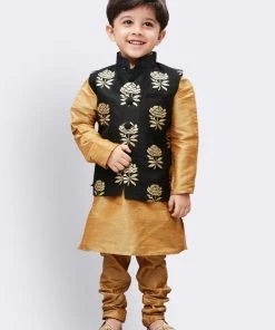 JBN Creation Boys' Gold Silk Cotton Blend Kurta, Waistcoat And Pyjama Set