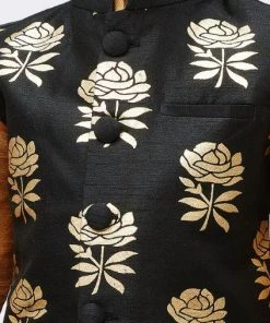 JBN Creation Boys' Gold Silk Cotton Blend Kurta, Waistcoat And Pyjama Set