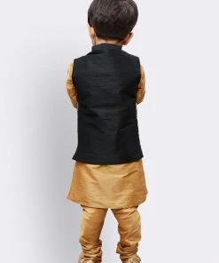 JBN Creation Boys' Gold Silk Cotton Blend Kurta, Waistcoat And Pyjama Set