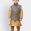 JBN Creation Boys' Gold Silk Cotton Blend Kurta, Waistcoat And Pyjama Set 2 JBN Creation Boys' Gold Silk Cotton Blend Kurta, Waistcoat And Pyjama Set