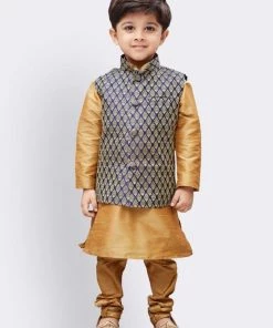 JBN Creation Boys' Gold Silk Cotton Blend Kurta, Waistcoat And Pyjama Set