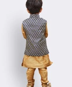 JBN Creation Boys' Gold Silk Cotton Blend Kurta, Waistcoat And Pyjama Set