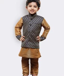 JBN Creation Buy 1 Get 1 Boys' Gold Cotton Silk Kurta, Waistcoat And Pyjama Set