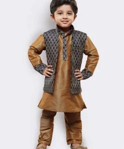 JBN Creation Buy 1 Get 1 Boys' Gold Cotton Silk Kurta, Waistcoat And Pyjama Set
