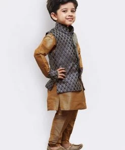 JBN Creation Buy 1 Get 1 Boys' Gold Cotton Silk Kurta, Waistcoat And Pyjama Set