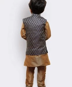 JBN Creation Buy 1 Get 1 Boys' Gold Cotton Silk Kurta, Waistcoat And Pyjama Set