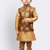 JBN Creation Boys' Gold Silk Cotton Blend Kurta, Waistcoat And Pyjama Set