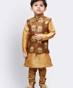 JBN Creation Boys' Gold Silk Cotton Blend Kurta, Waistcoat And Pyjama Set