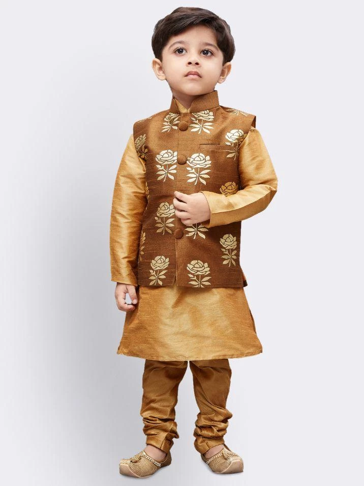 JBN Creation Boys' Gold Silk Cotton Blend Kurta, Waistcoat And Pyjama Set 3 JBN Creation Boys' Gold Silk Cotton Blend Kurta, Waistcoat And Pyjama Set