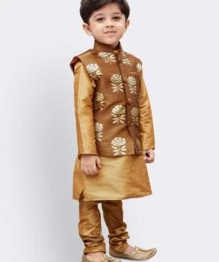 JBN Creation Boys' Gold Silk Cotton Blend Kurta, Waistcoat And Pyjama Set