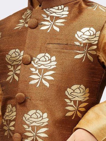 JBN Creation Boys' Gold Silk Cotton Blend Kurta, Waistcoat And Pyjama Set 5 JBN Creation Boys' Gold Silk Cotton Blend Kurta, Waistcoat And Pyjama Set