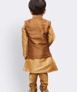 JBN Creation Boys' Gold Silk Cotton Blend Kurta, Waistcoat And Pyjama Set 12 JBN Creation Boys' Gold Silk Cotton Blend Kurta, Waistcoat And Pyjama Set