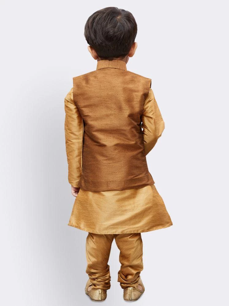 JBN Creation Boys' Gold Silk Cotton Blend Kurta, Waistcoat And Pyjama Set 6 JBN Creation Boys' Gold Silk Cotton Blend Kurta, Waistcoat And Pyjama Set