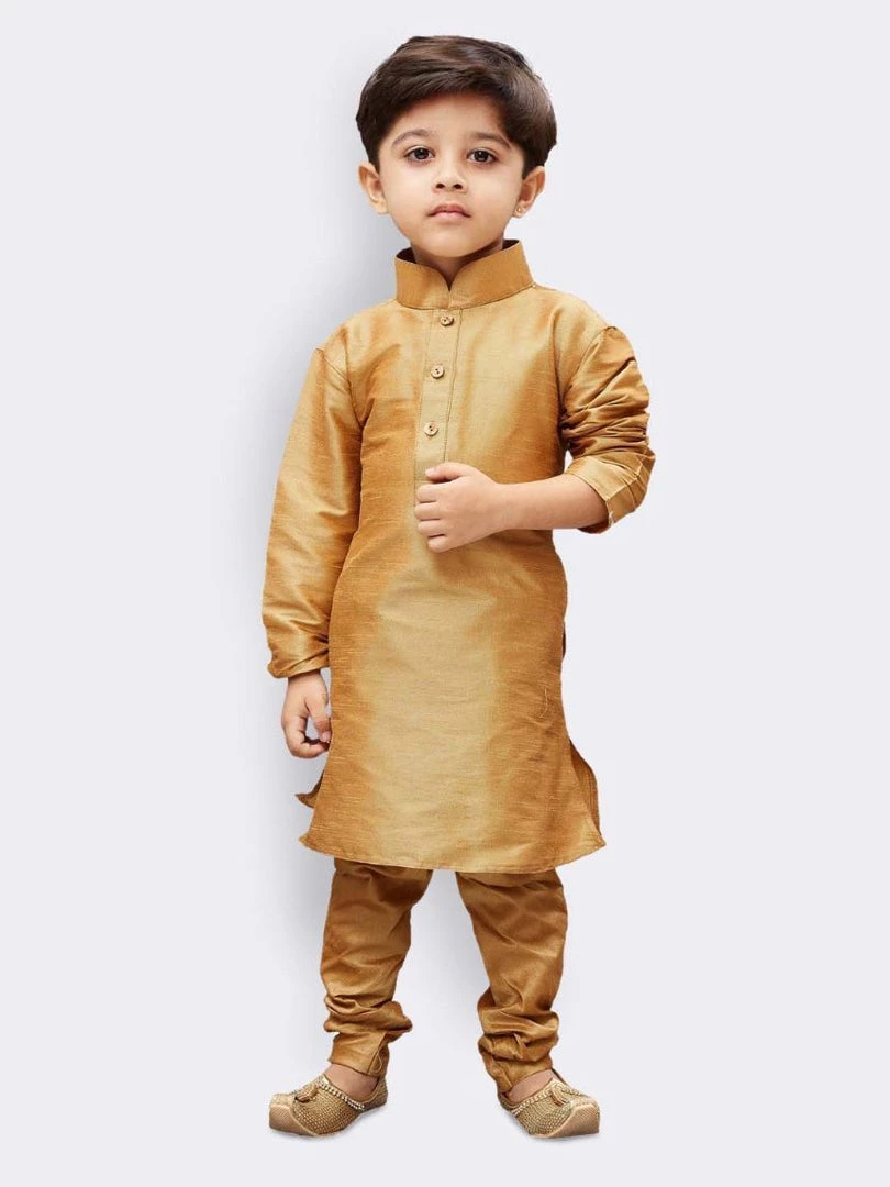 JBN Creation Boys' Gold Silk Cotton Blend Kurta, Waistcoat And Pyjama Set 8 JBN Creation Boys' Gold Silk Cotton Blend Kurta, Waistcoat And Pyjama Set