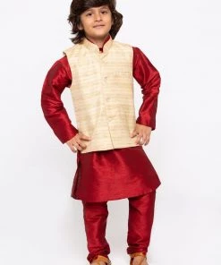 JBN Creation Buy 1 Get 1 Boys' Maroon Cotton Silk Kurta, Jacket And Pyjama Set