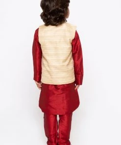 JBN Creation Buy 1 Get 1 Boys' Maroon Cotton Silk Kurta, Jacket And Pyjama Set