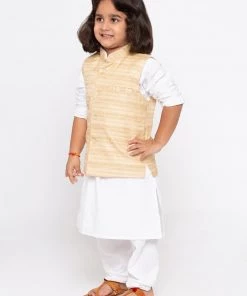 JBN Creation Buy 1 Get 1 Boys' White Cotton Silk Kurta, Jacket And Pyjama Set
