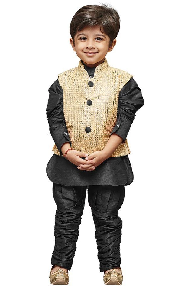JBN Creation Boys' Black Cotton Silk Kurta, Waistcoat And Pyjama Set 3 JBN Creation Boys' Black Cotton Silk Kurta, Waistcoat And Pyjama Set