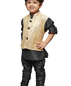 JBN Creation Boys' Black Cotton Silk Kurta, Waistcoat And Pyjama Set