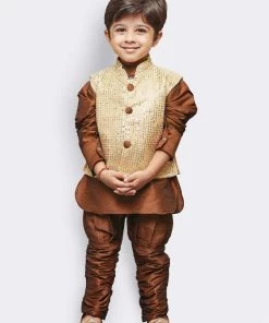 JBN Creation Buy 1 Get 1 Boys' Brown Cotton Silk Kurta, Waistcoat And Pyjama Set
