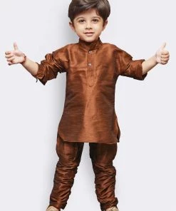 JBN Creation Buy 1 Get 1 Boys' Brown Cotton Silk Kurta, Waistcoat And Pyjama Set