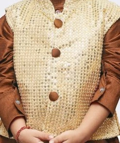 JBN Creation Buy 1 Get 1 Boys' Brown Cotton Silk Kurta, Waistcoat And Pyjama Set