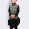 JBN Creation Boys' Black Cotton Kurta, Waistcoat And Pyjama Set
