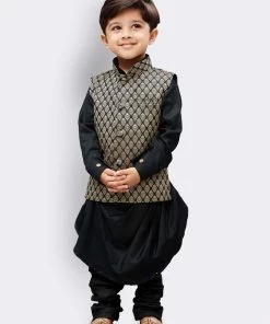JBN Creation Boys' Black Cotton Kurta, Waistcoat And Pyjama Set