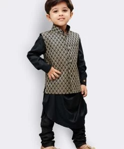 JBN Creation Boys' Black Cotton Kurta, Waistcoat And Pyjama Set