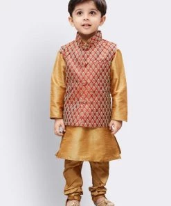 JBN Creation Boys' Gold Silk Cotton Blend Kurta, Waistcoat And Pyjama Set