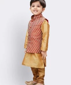 JBN Creation Boys' Gold Silk Cotton Blend Kurta, Waistcoat And Pyjama Set