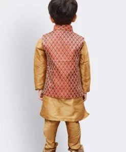 JBN Creation Boys' Gold Silk Cotton Blend Kurta, Waistcoat And Pyjama Set