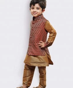 JBN Creation Buy 1 Get 1 Boys' Gold Cotton Silk Kurta, Waistcoat And Pyjama Set