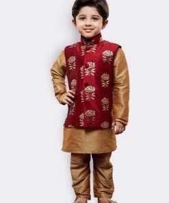 JBN Creation Boys' Gold Silk Cotton Blend Kurta, Waistcoat And Pyjama Set